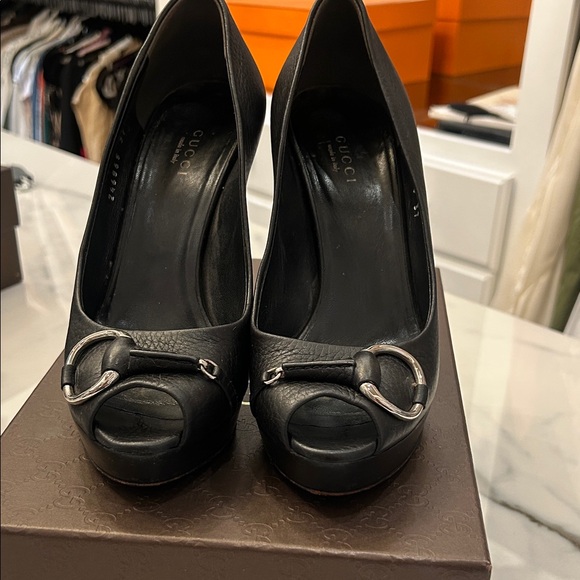 Gucci Black Peep-Toe Heels with Silver Accents